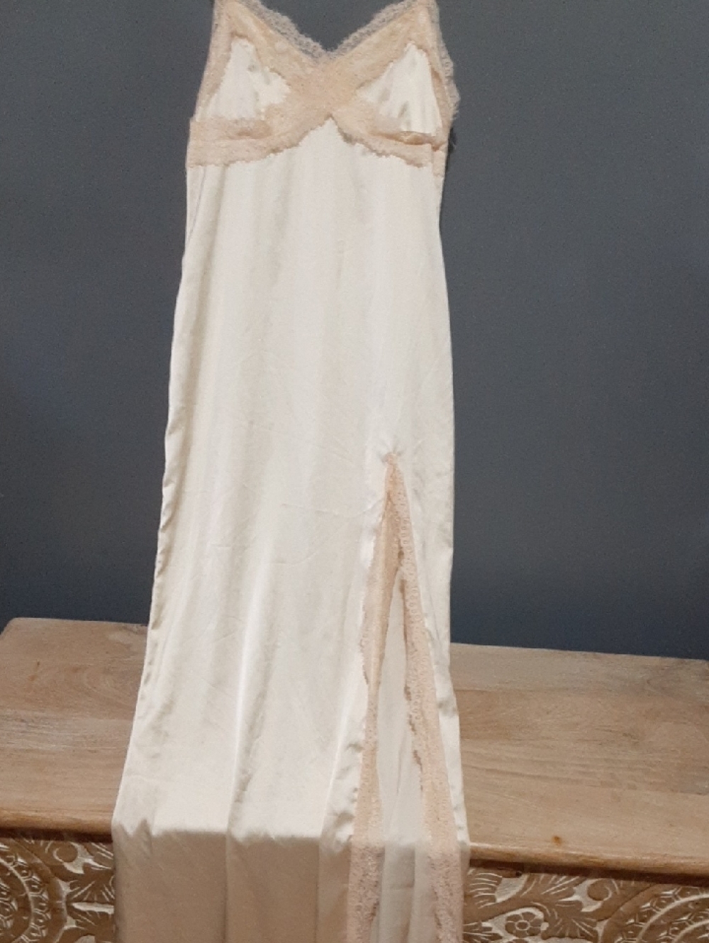 PrettyLittleThing Cream Satin Lace-Trim Slip Dress
